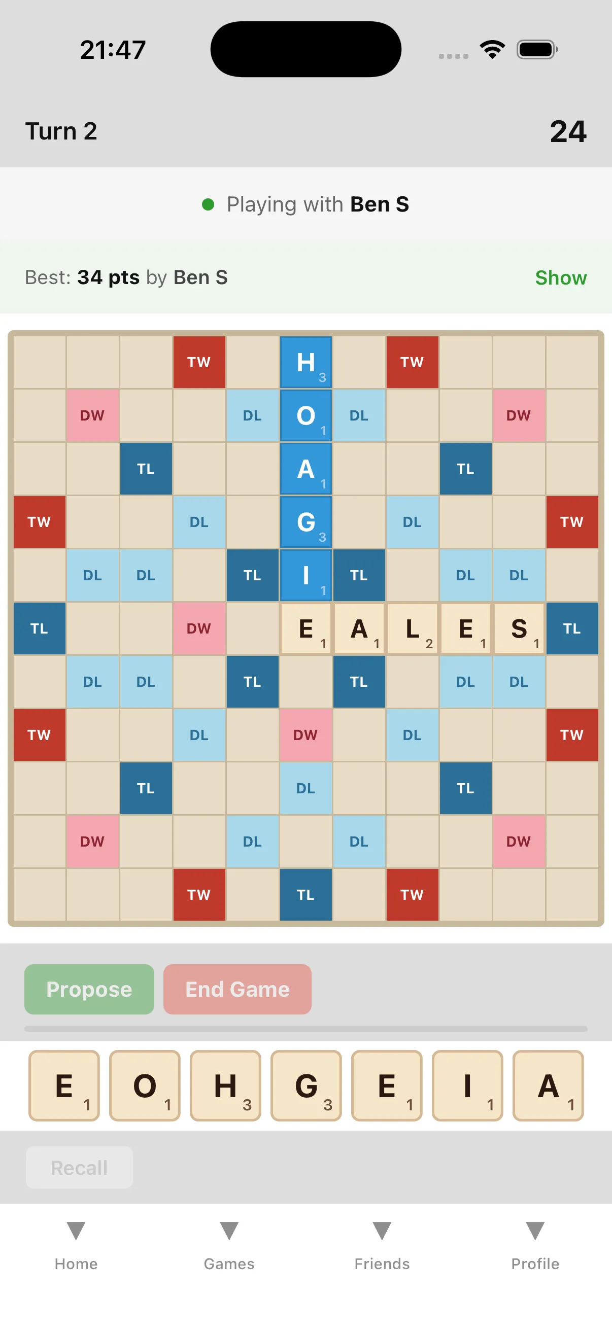 Tile Together gameplay on iPhone showing a collaborative word game in progress
